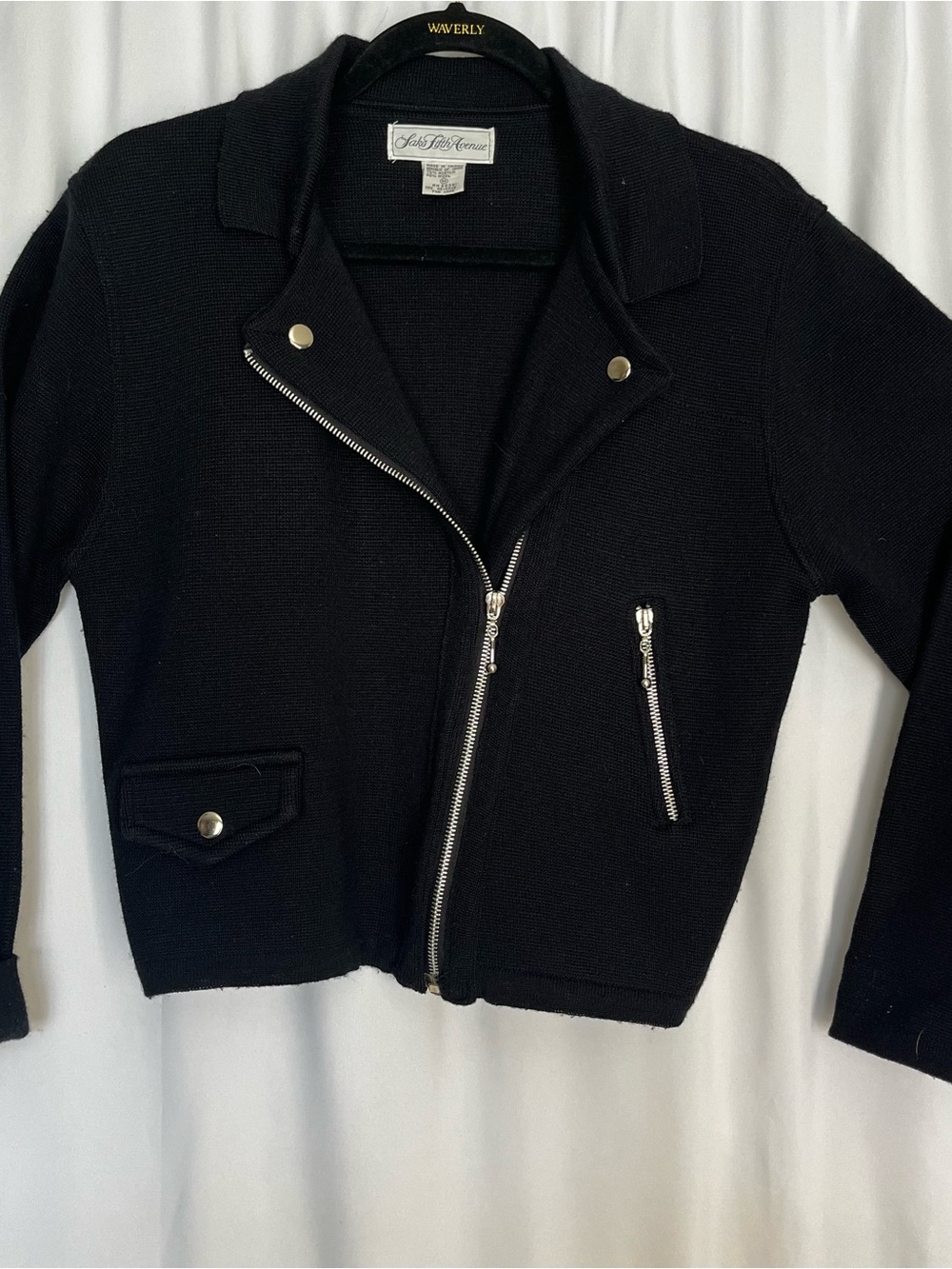 Saks Fifth Avenue Black Knit Moto Sweater with Silver Zippers